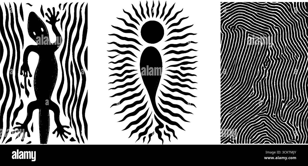 Lucertola astratta e motivi solari con motivi geometrici per un design ispirato alla natura. Illustrazione Vettoriale