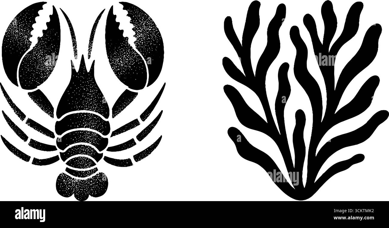 Elementi nautici: Design con artigli di aragosta e corallo per decorazioni costiere e temi marini. Illustrazione Vettoriale