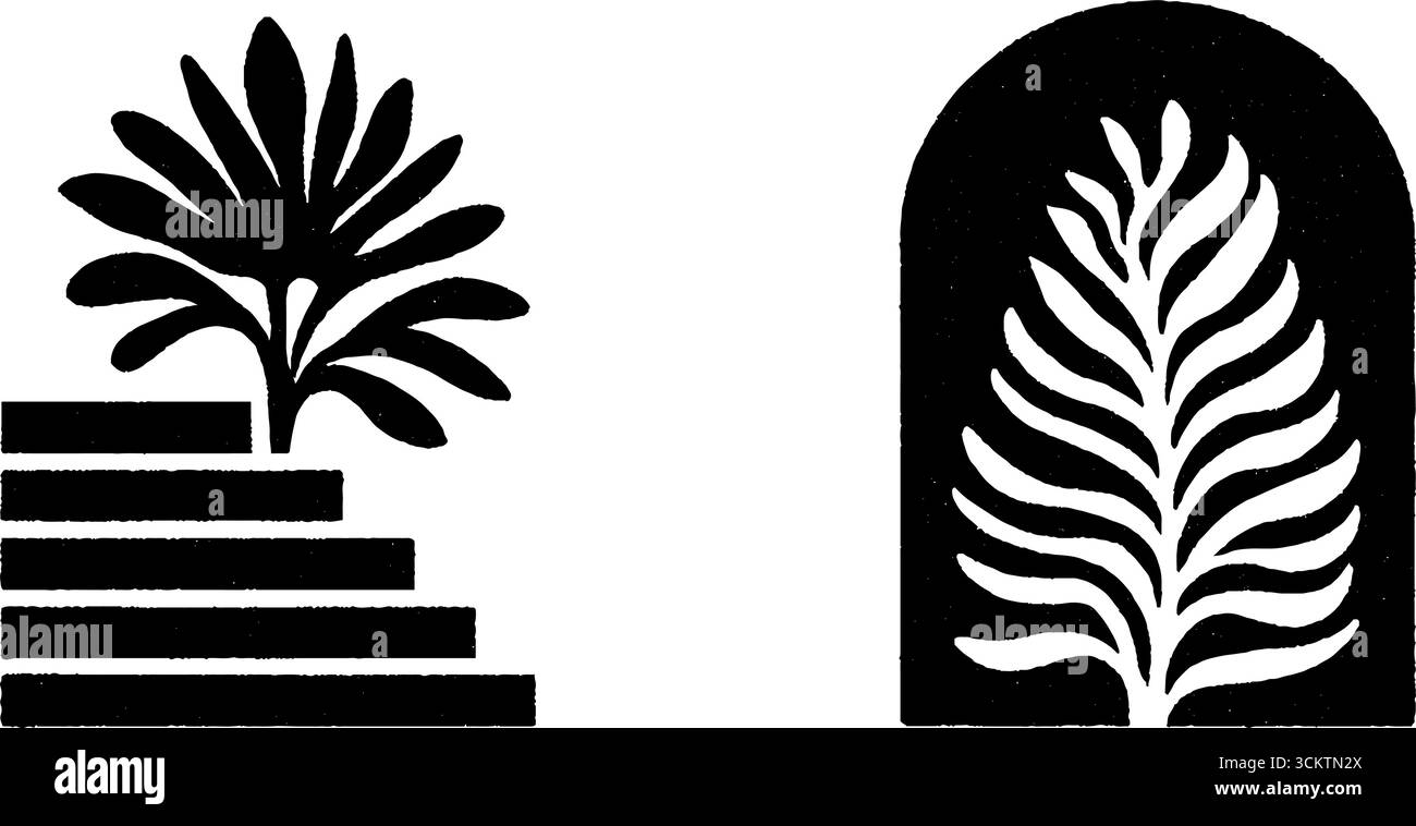 Facciata e scalinata moderne della metà del secolo con motivi a foglie di palma. Illustrazione Vettoriale
