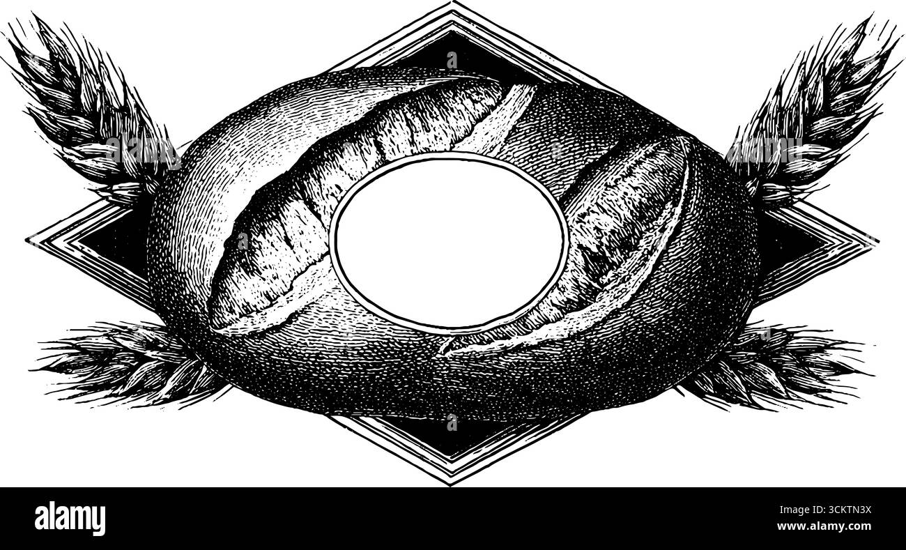 Borsa per pane vintage in stile incisione con bordo in frumento per imballaggio e branding. Illustrazione Vettoriale