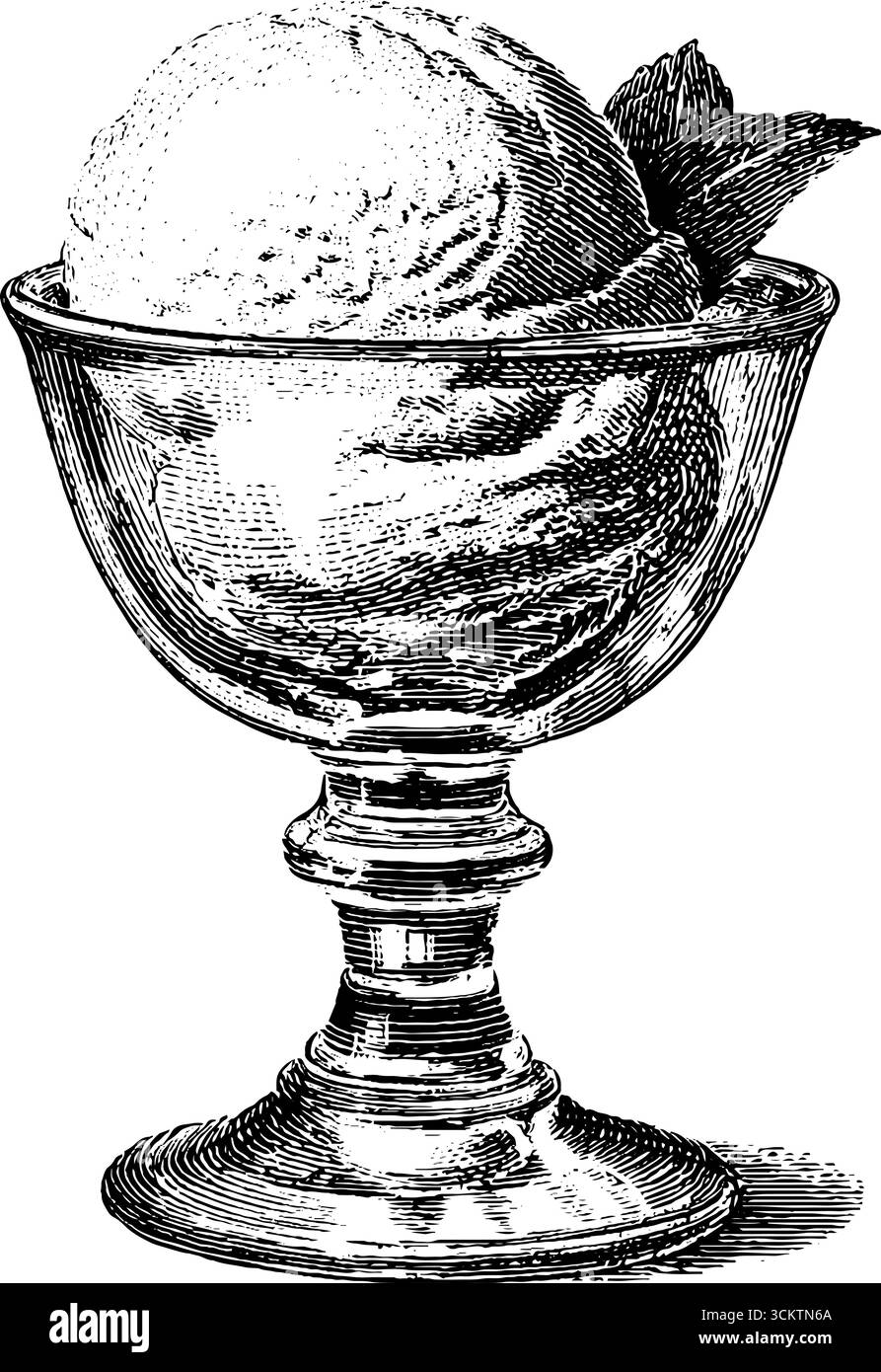 Ciotola per gelato vintage con incisione e design decorativo per progetti di design. Illustrazione Vettoriale