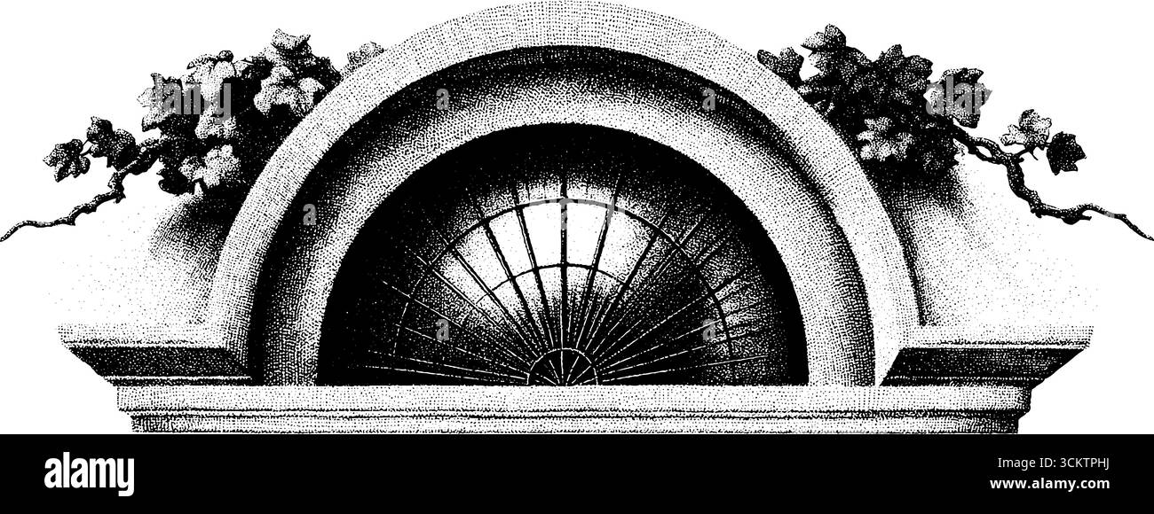 Disegno architettonico a inchiostro di una finestra ad arco con dettagli della vite. Illustrazione Vettoriale