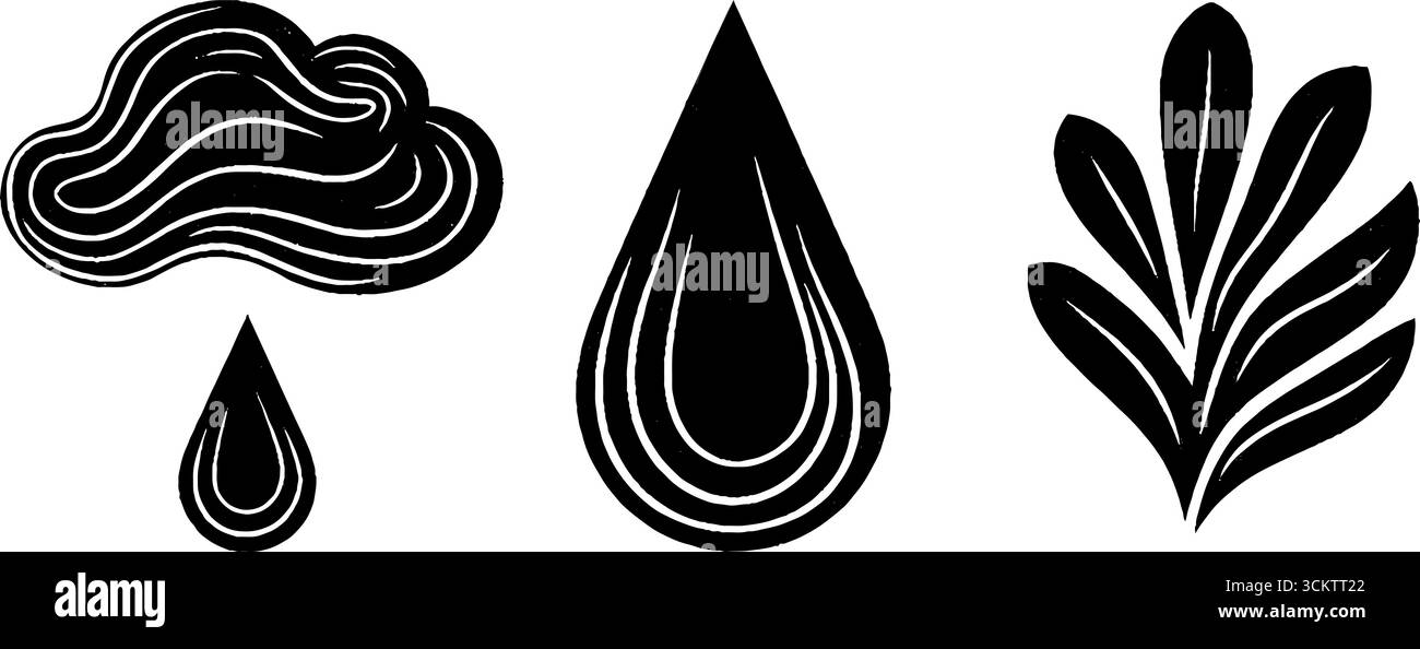Elementi astratti di nuvole, gocce di pioggia e forme curve per progetti artistici ispirati alla natura. Illustrazione Vettoriale