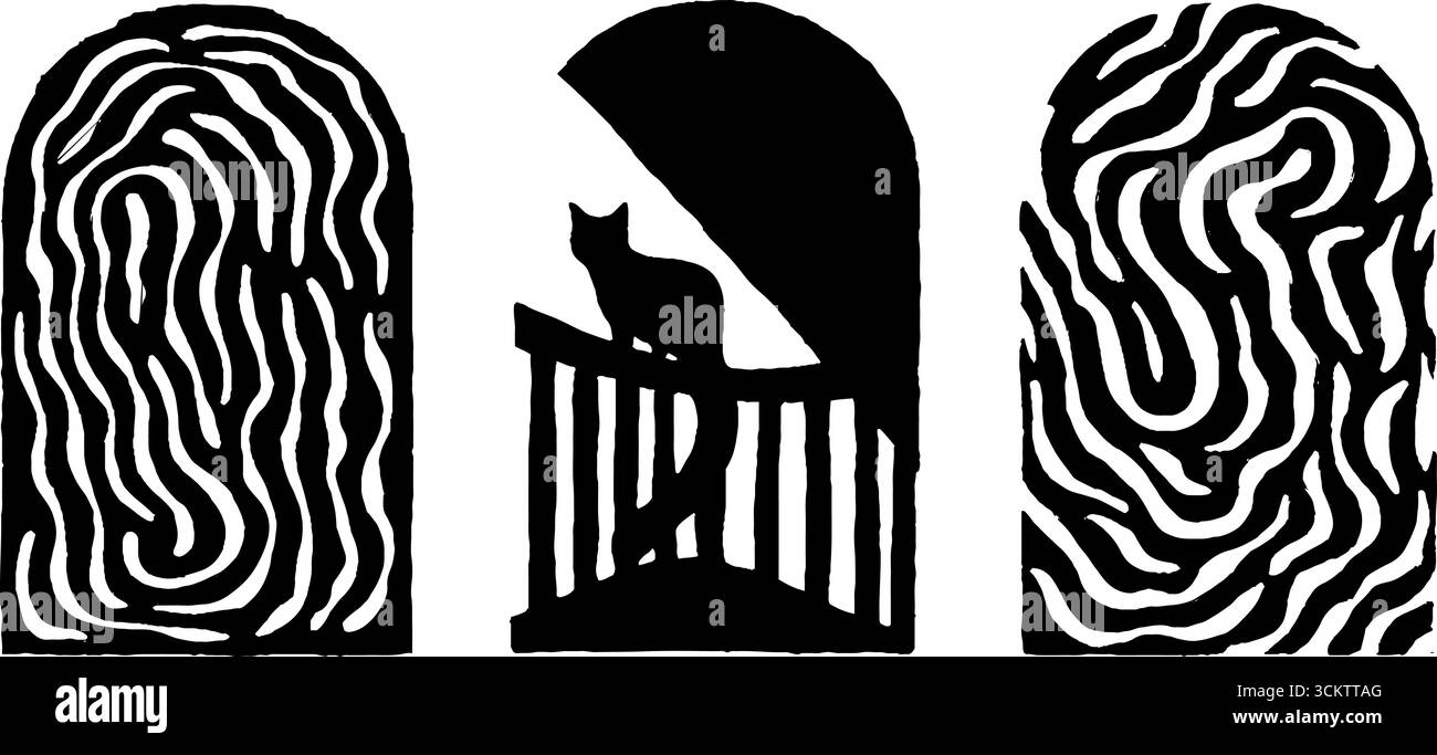 Vista dalle finestre ad arco e silhouette di gatto sul balcone per un design artistico. Illustrazione Vettoriale