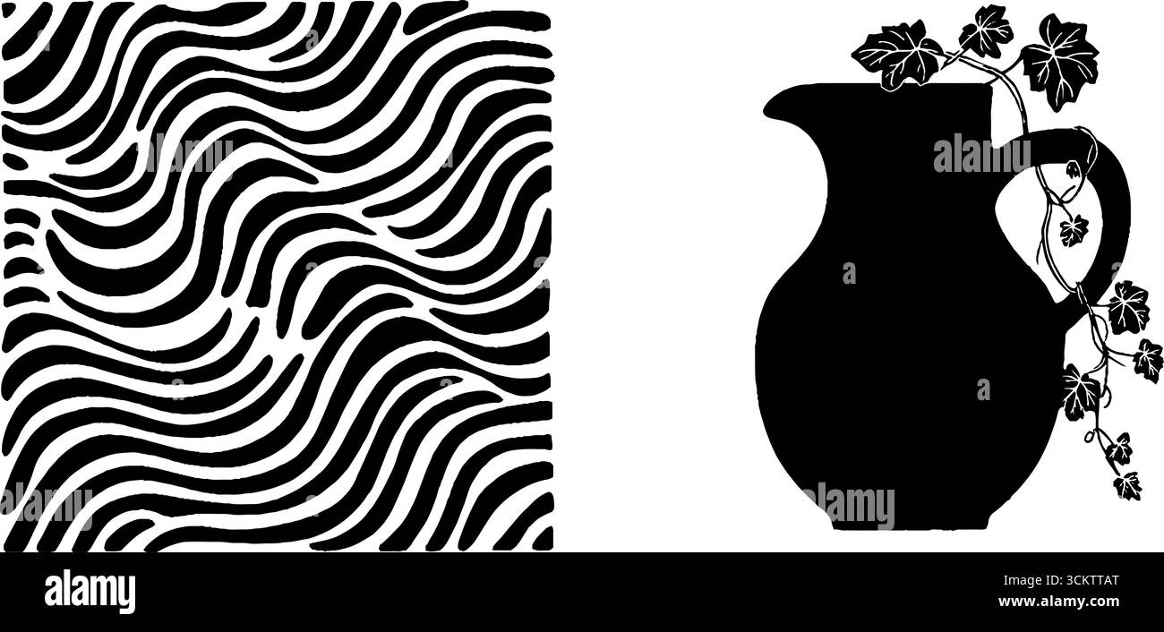 Scalini illuminati dal sole e caraffa in argilla con ombra edera per un design artistico. Illustrazione Vettoriale