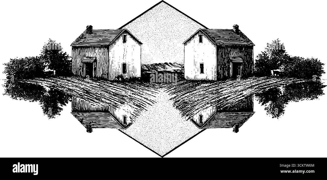 Ambiente rustico simmetrico con incisione vintage per un design decorativo. Illustrazione Vettoriale