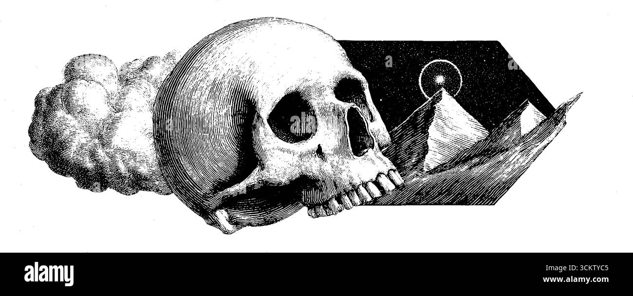 Stile collage surreale con scheletro e portale cosmico con piramidi. Illustrazione Vettoriale