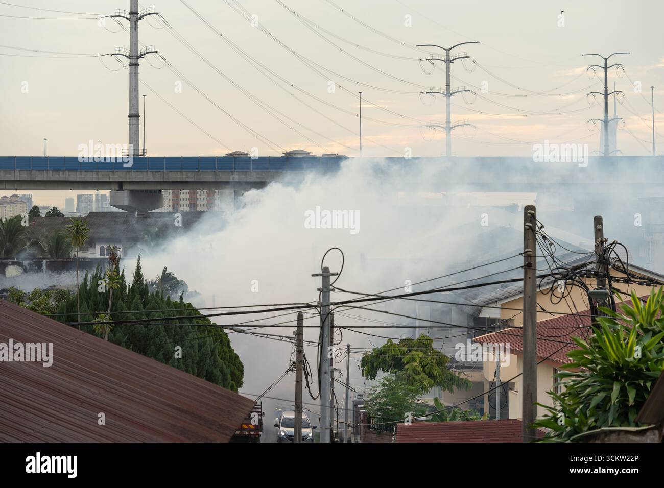 Un'operazione di controllo delle zanzare che utilizza l'appannamento degli insetticidi in aree residenziali per ridurre il rischio di malattie trasmesse dalle zanzare in una città Foto Stock