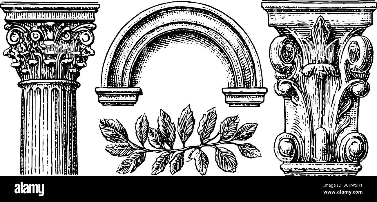 Collezione di elementi architettonici in stile egiziano e moresco per progetti di design storici. Illustrazione Vettoriale