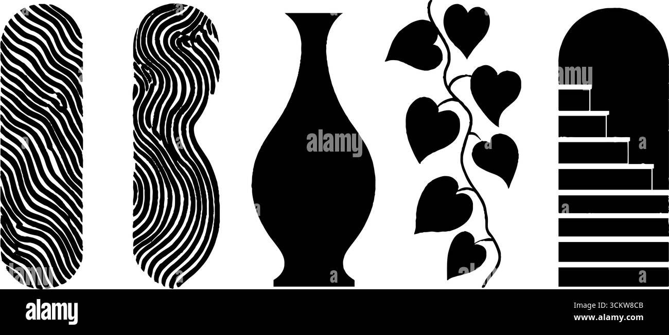 Disegni astratti con forme a lanterna, foglie di edera e gradini di pietra per progetti creativi. Illustrazione Vettoriale