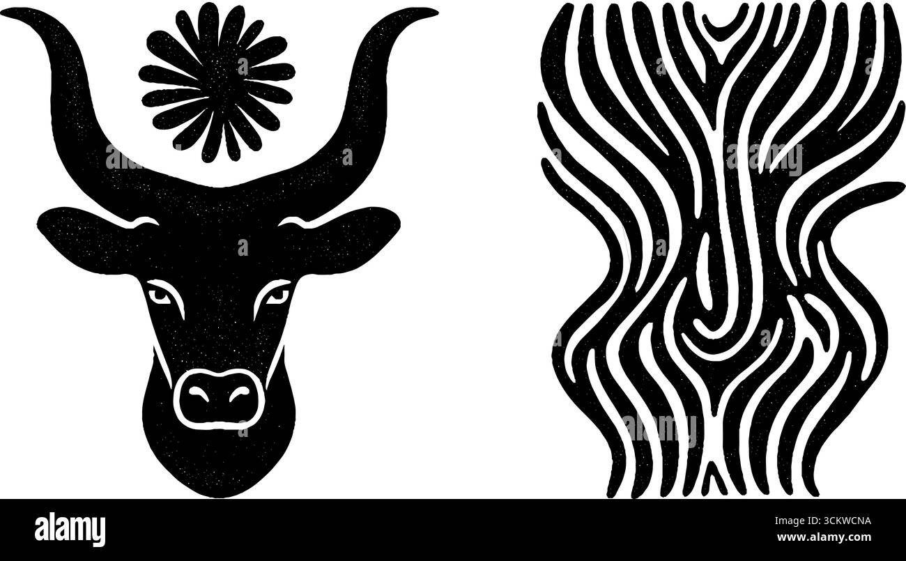 Antichi simboli rituali: Corno di ritone e testa di toro per l'arredamento culturale. Illustrazione Vettoriale