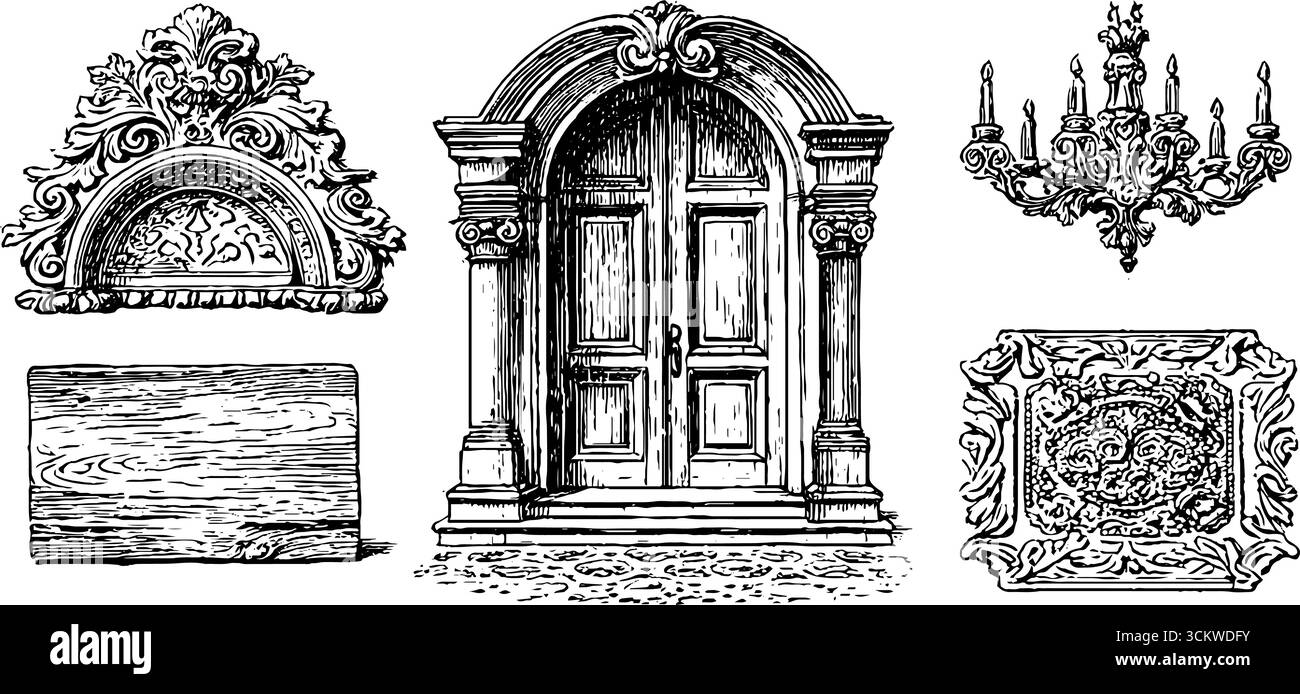 Intricati elementi architettonici bizantini e medievali per design e decor. Illustrazione Vettoriale