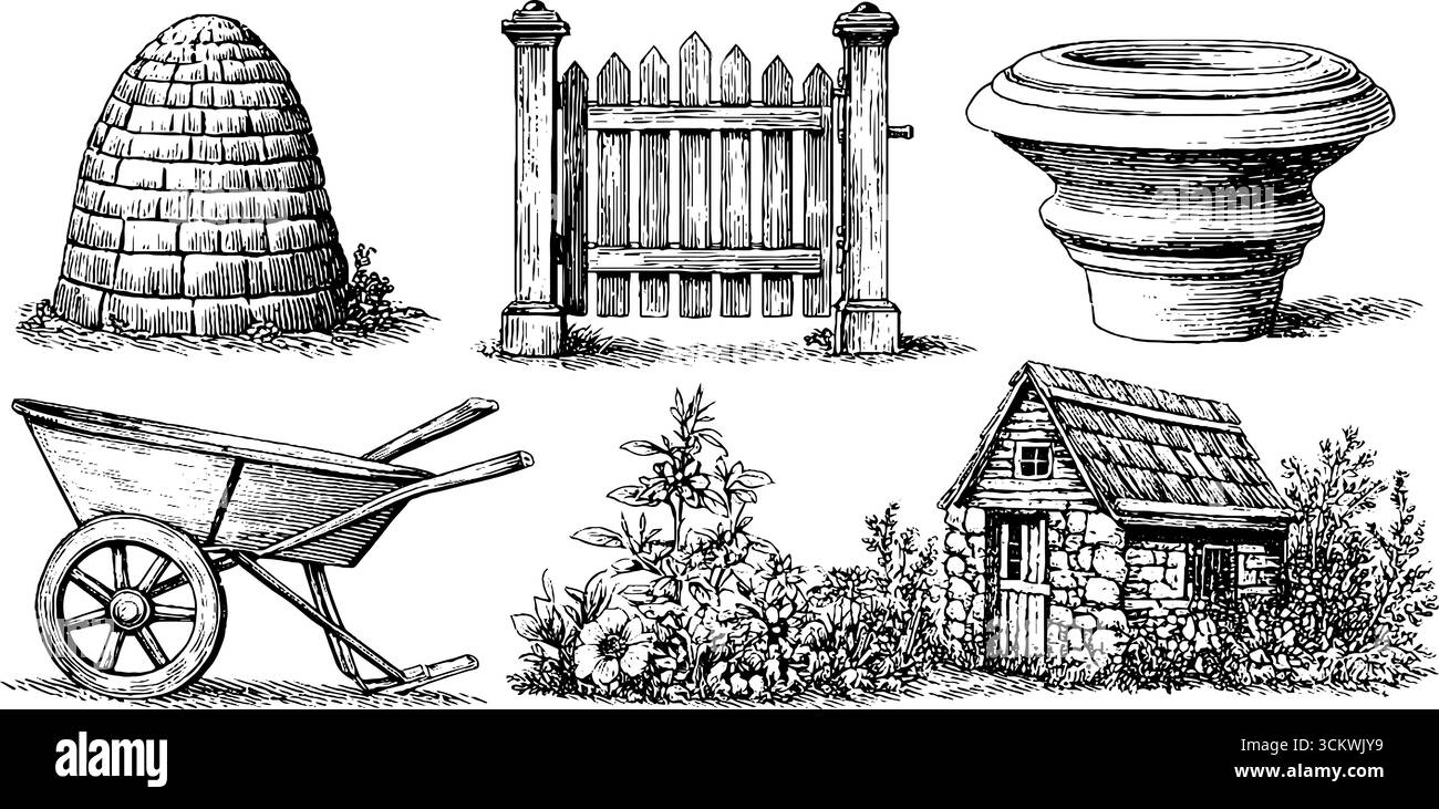 Affascinante scenario di campagna francese con carriola, elementi in stile tudor e dettagli del giardino. Illustrazione Vettoriale