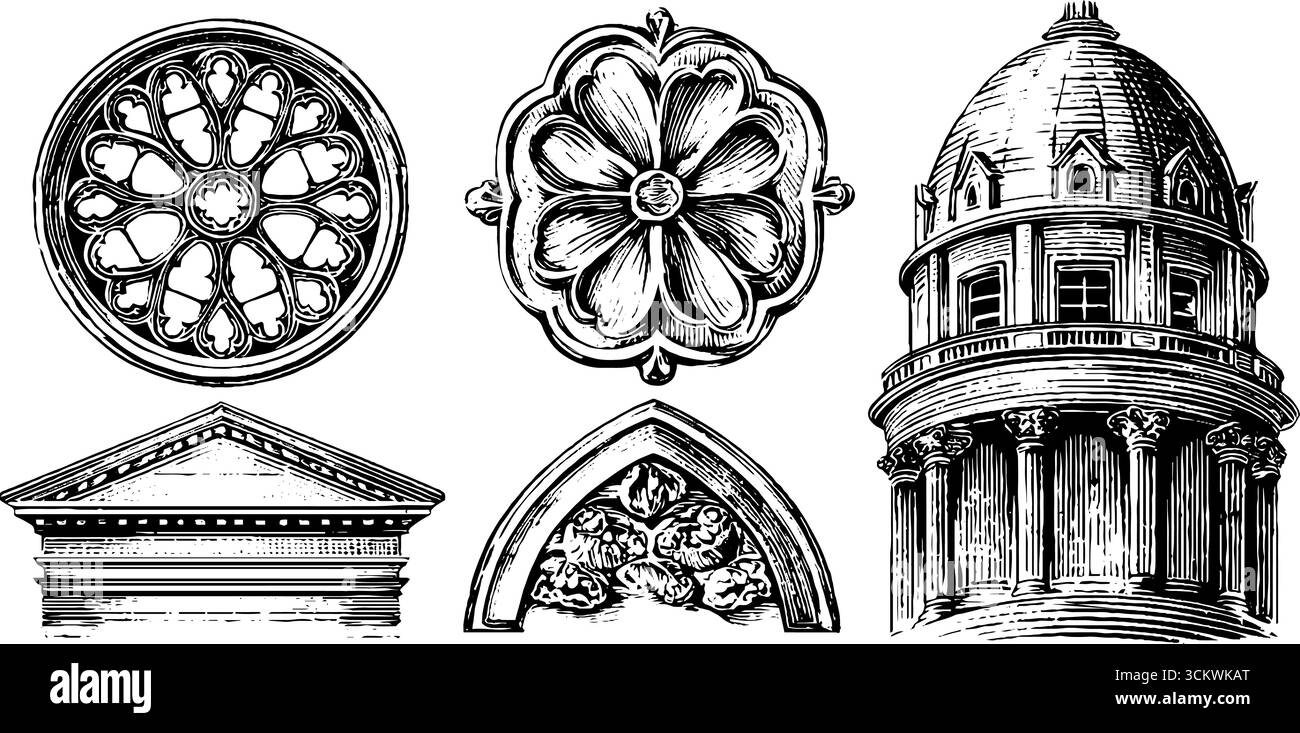 Elementi architettonici gotici e rinascimentali per progetti di design e stampa. Illustrazione Vettoriale