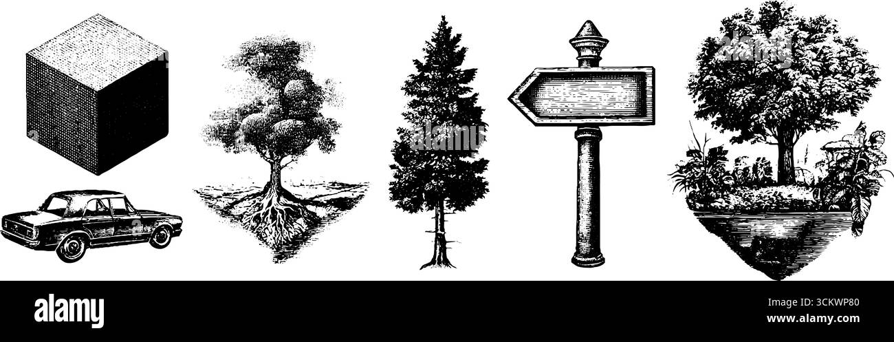 Cubo isometrico dettagliato, design a blocchi urbani con elementi naturali ed vintage per uso grafico. Illustrazione Vettoriale