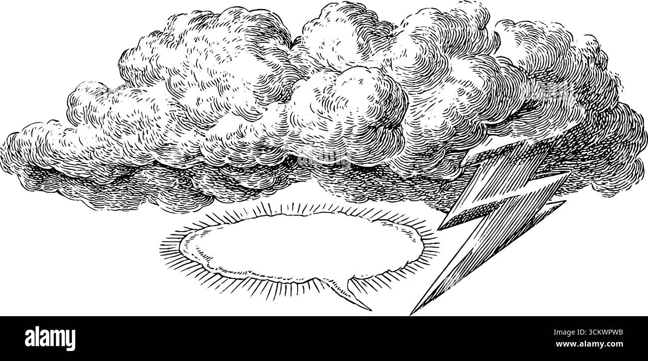 Illustrazione vintage di nuvole e fulmini con un incredibile design a bolla. Illustrazione Vettoriale