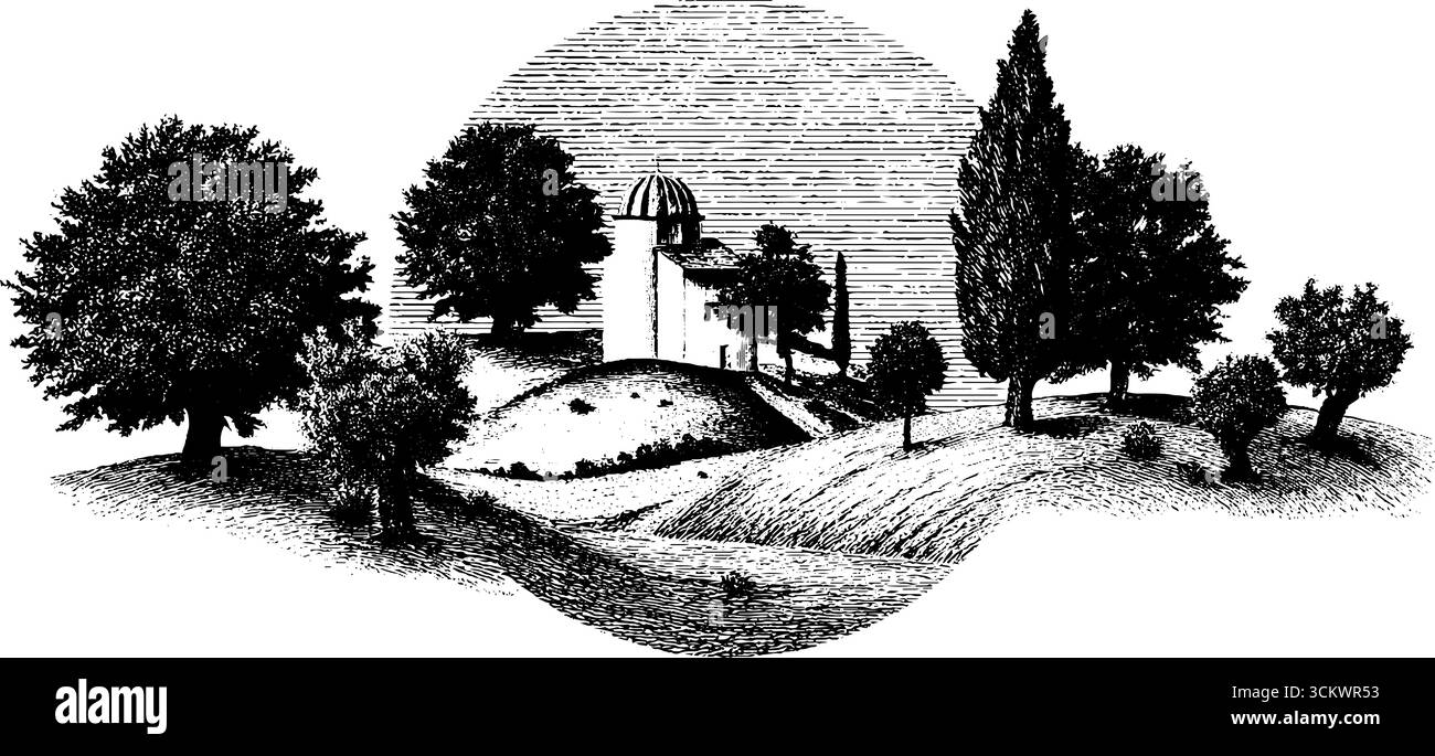 Tessuto di lino vintage con scenografia di alberi e edifici incisi. Illustrazione Vettoriale