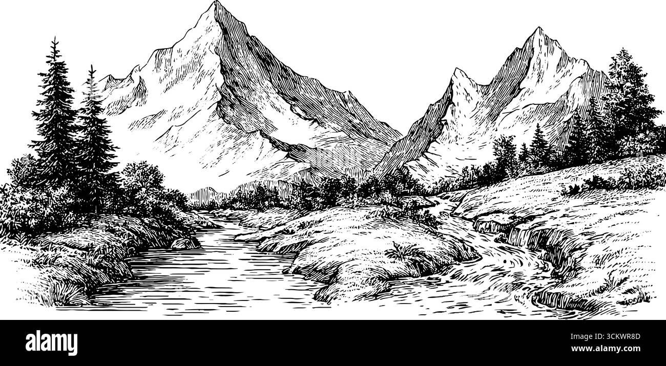 Maestosa cima solitaria e sentiero di cresta glaciale in un tranquillo paesaggio montano. Illustrazione Vettoriale