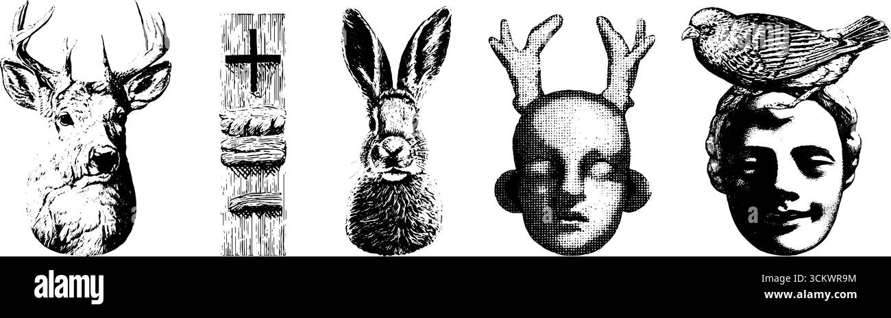 Collezione di maschere animali totem e disegni figurativi per ispirazione culturale e artistica. Illustrazione Vettoriale