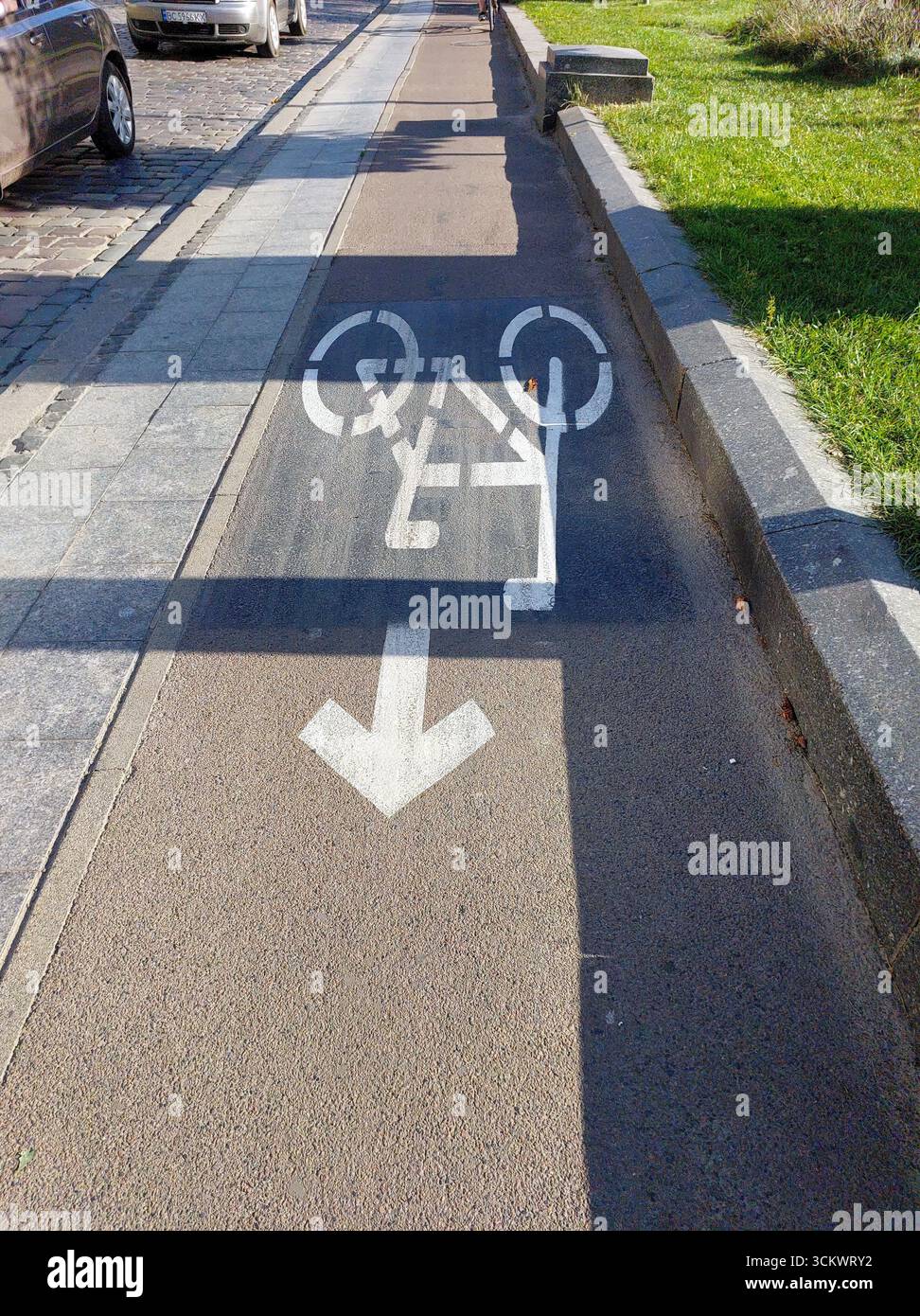 Le marcature luminose guidano i ciclisti lungo una pista ciclabile ben tenuta, fornendo una navigazione sicura attraverso un ambiente urbano vivace. Il sole getta playfu Foto Stock