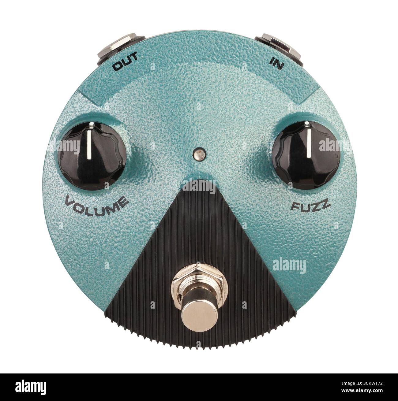 percorso del pedale fuzz per chitarra isolato sulla vista dall'alto bianca Foto Stock