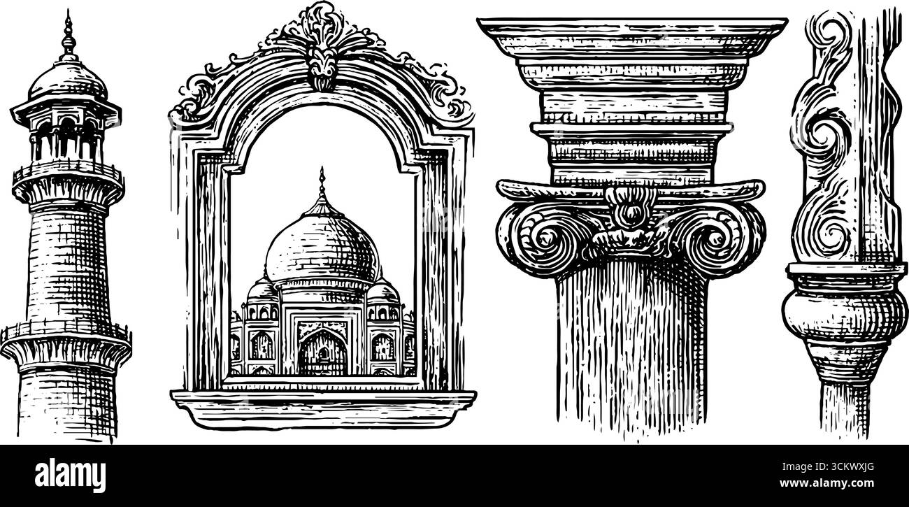 Elementi architettonici antichi e dettagli delle pareti del padiglione per ispirare il design. Illustrazione Vettoriale