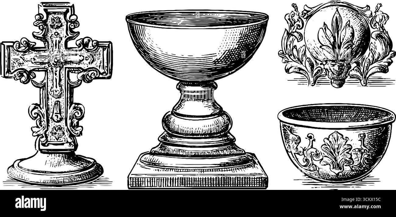 Manufatti storici con croce bizantina e calice gotico per uso didattico. Illustrazione Vettoriale