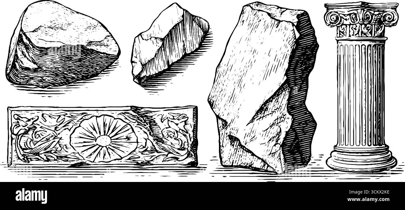 Manufatti antichi e disegni architettonici con dettagli incisi. Illustrazione Vettoriale