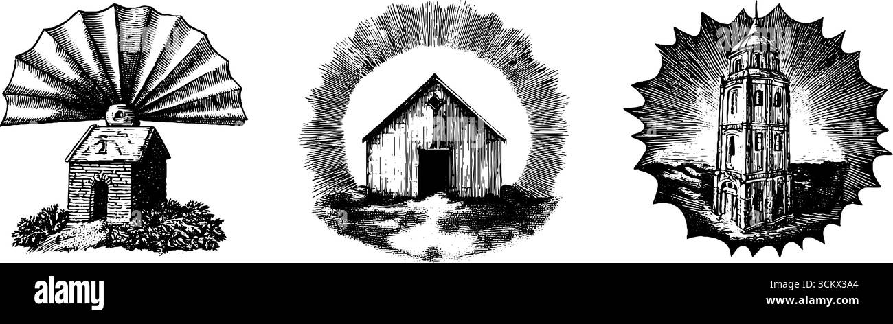 Design vintage art deco per fan, archi e torri per progetti creativi. Illustrazione Vettoriale