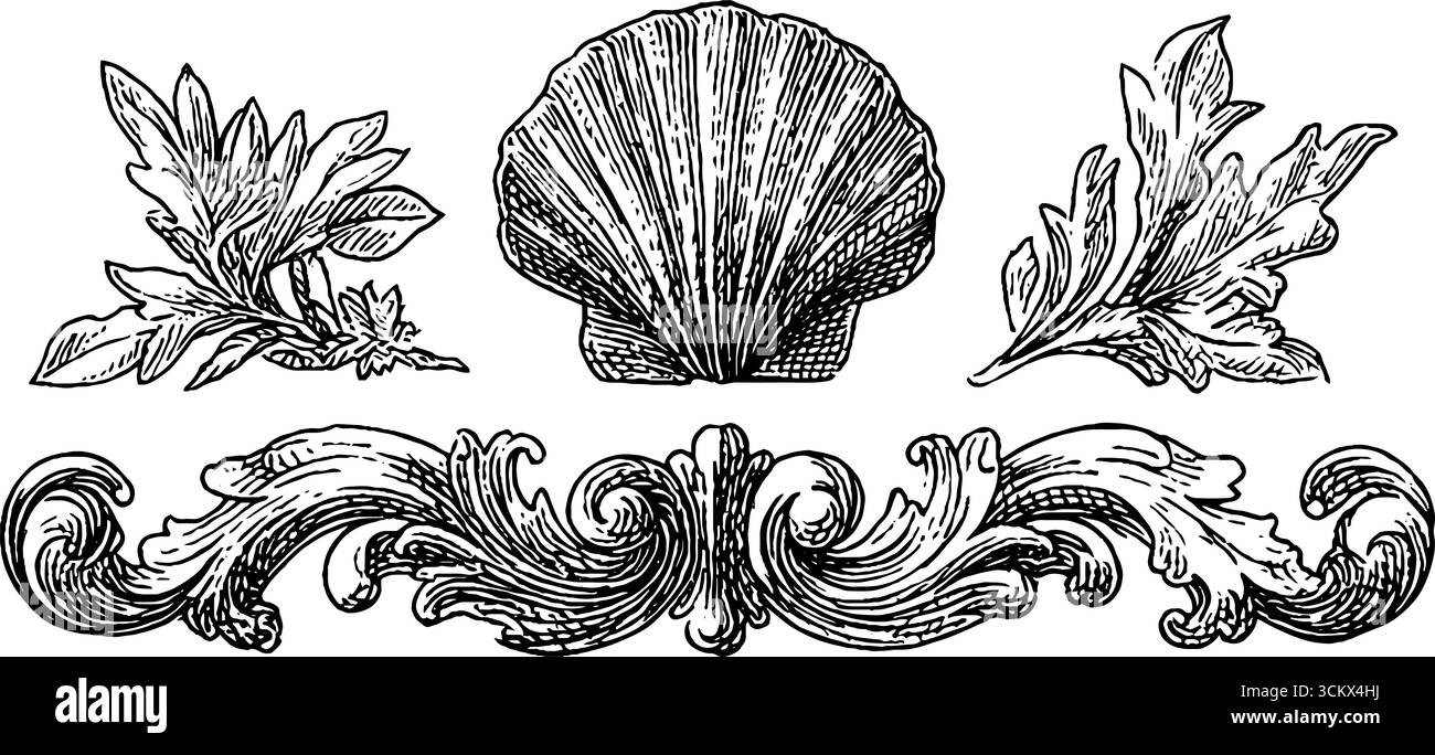 Eleganti decorazioni barocche e vittoriane fioriscono per un design decorativo. Illustrazione Vettoriale