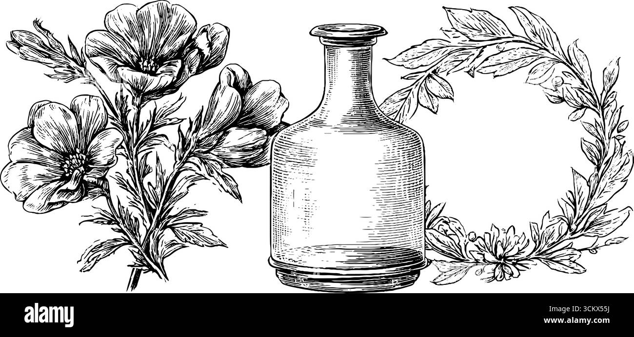 Design floreale vintage con anello di fiori secchi e vaso in vetro antico per un arredo artistico. Illustrazione Vettoriale