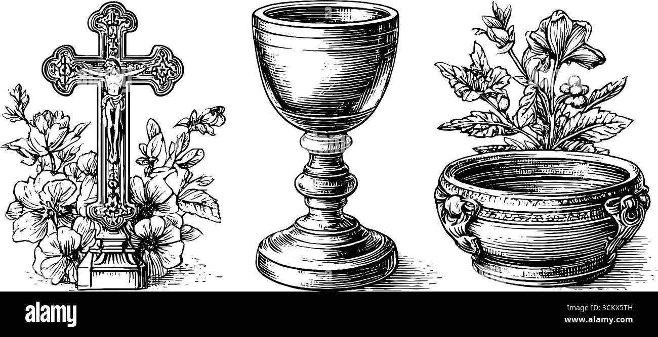 Manufatti religiosi bizantini e gotici con accenti floreali. Illustrazione Vettoriale