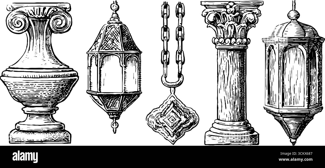 Elementi architettonici bizantini e medievali dal design complesso per ispirazione artistica. Illustrazione Vettoriale