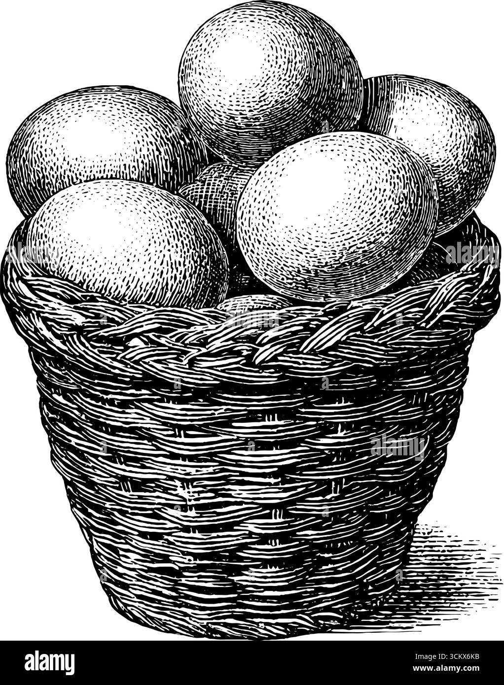 Cestino vintage in stile incisione con uova fresche - estetica rustica per un design retrò. Illustrazione Vettoriale