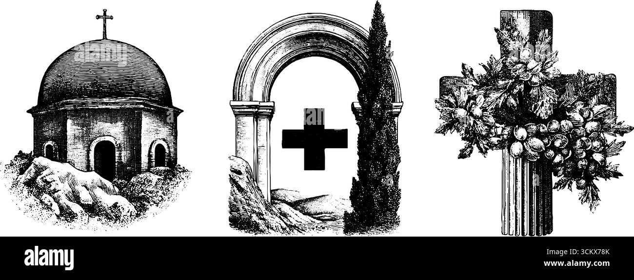 Architettura bizantina e simbolismo: cupola, arco e disegno a croce decorato. Illustrazione Vettoriale