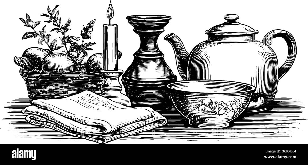 Cucina rustica con bollitore per tè smaltato e tankard in peltro. Illustrazione Vettoriale