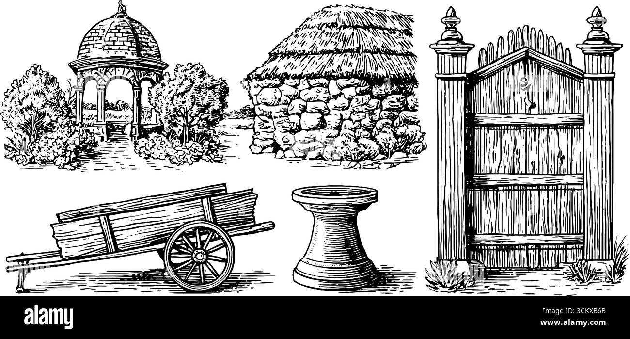Elementi vintage di campagna francese con architettura tudor per design e decorazione. Illustrazione Vettoriale