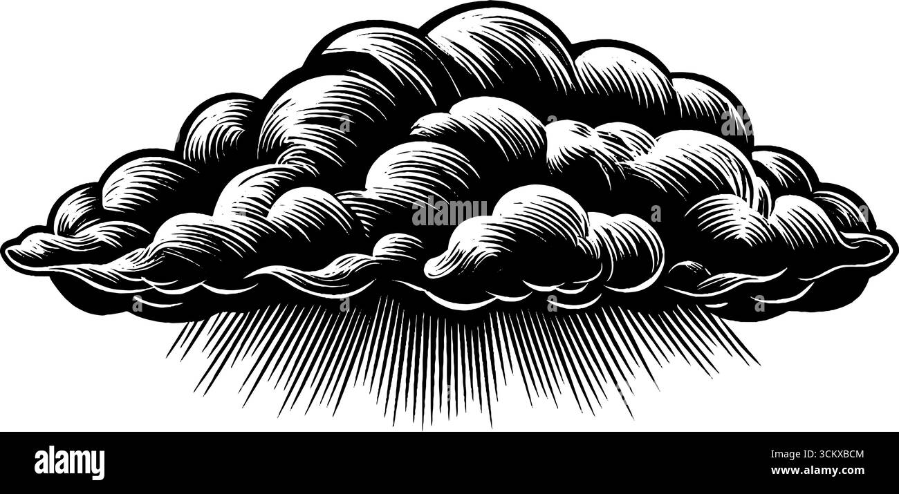 Illustrazione artistica in bianco e nero di nuvole con pioggia in stile xilografico. Illustrazione Vettoriale