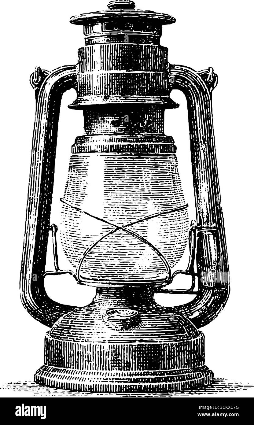 Lanterna a olio vintage in stile incisione con dettagli a matita per disegni a tema antico. Illustrazione Vettoriale