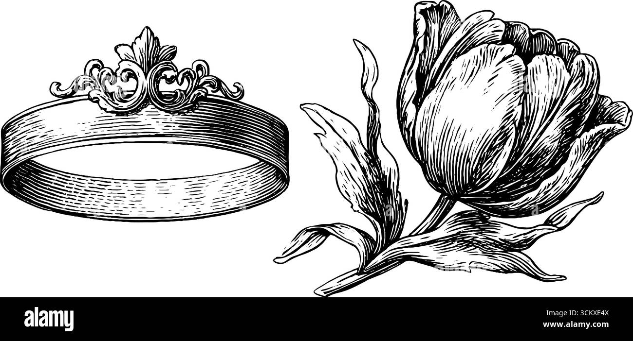 Ricami vintage con cerchio floreale ed elementi in tessuto tinti a mano. Illustrazione Vettoriale