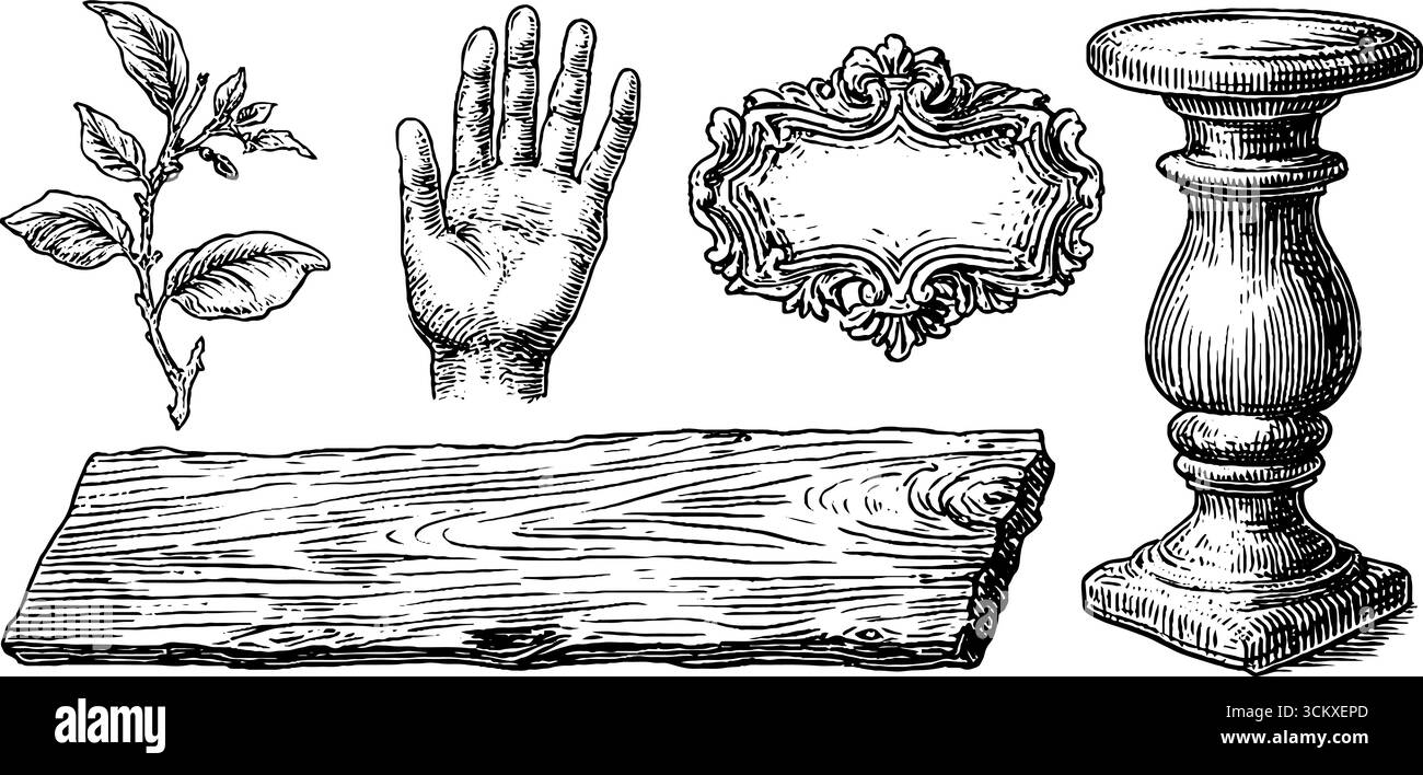 Elementi lavorati a mano: Pannello laccato, legno intagliato a mano, piedistallo ornato e design a ramoscelli. Illustrazione Vettoriale