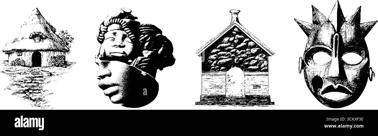 Collezione di maschere e motivi tradizionali africani per il design culturale. Illustrazione Vettoriale