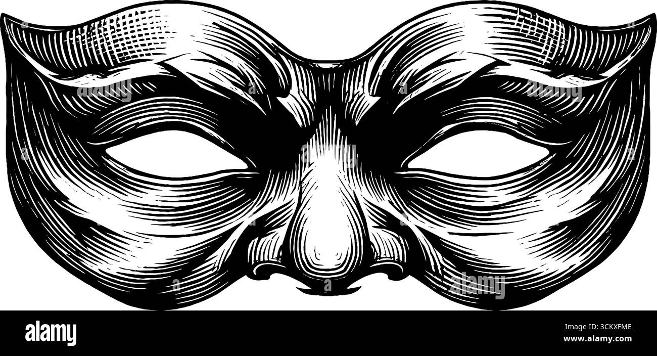 Maschera spettrale con occhi affondati e ombre d'inchiostro per halloween o design gotico. Illustrazione Vettoriale