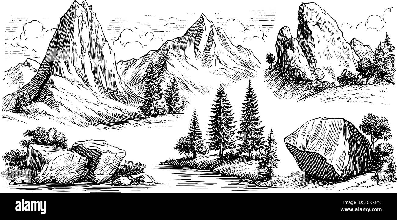 Paesaggio di montagna panoramico con guglie di roccia e sagome del lago per un design naturale. Illustrazione Vettoriale