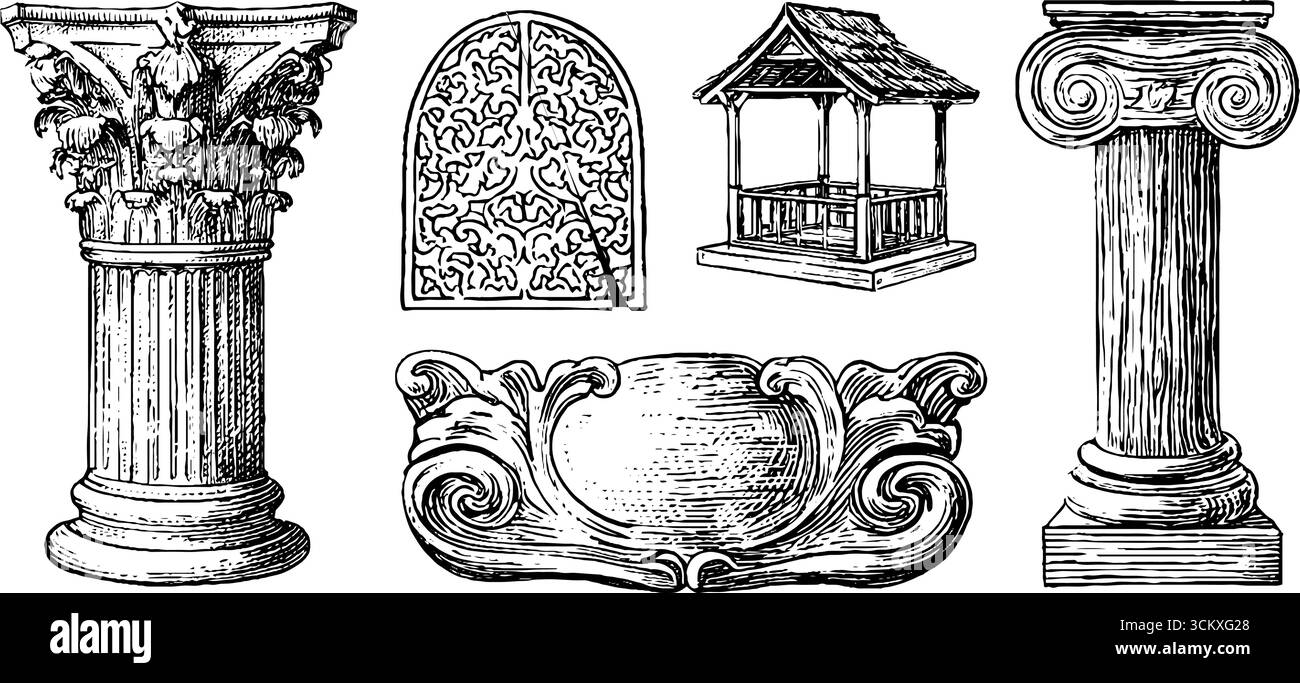 Elementi architettonici: Capitale dorica romana e disegni arabeschi islamici per uso decorativo. Illustrazione Vettoriale