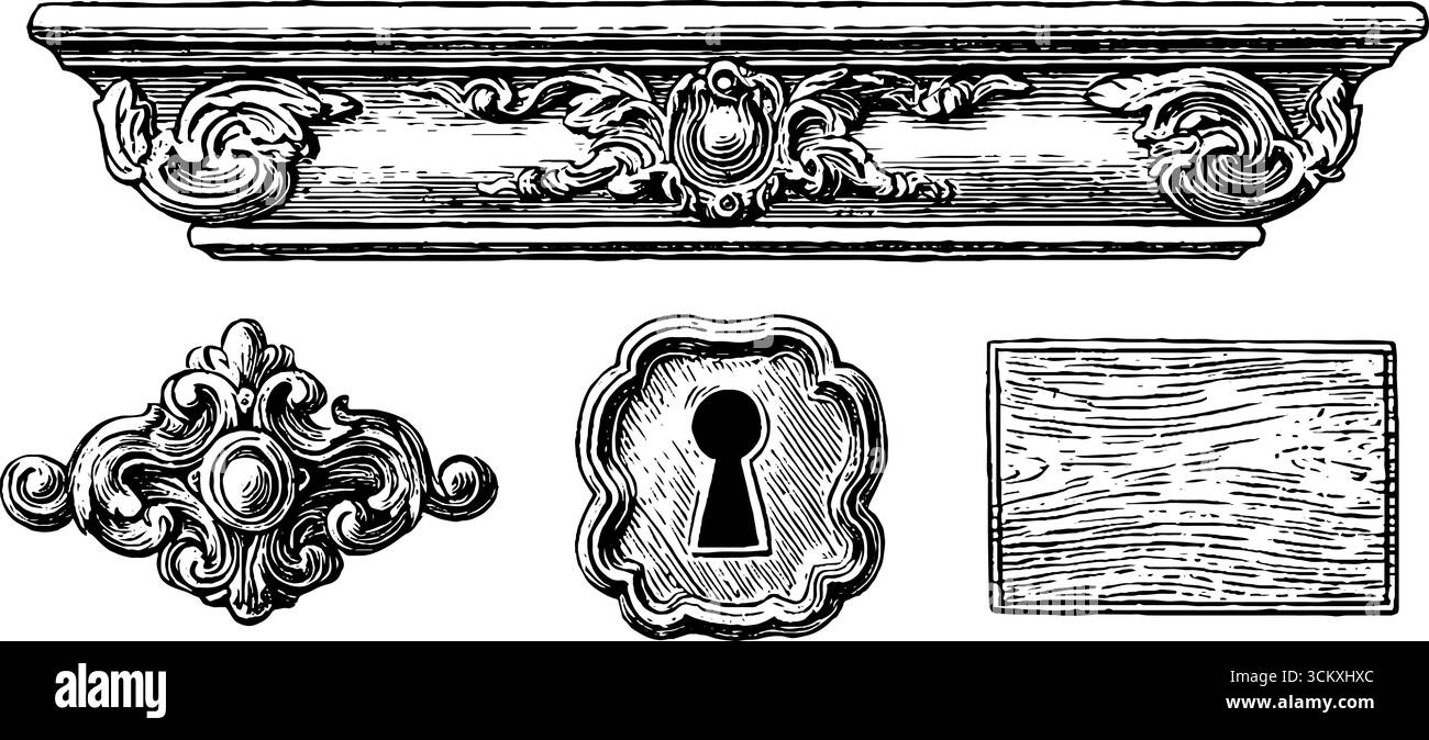 Rifiniture in stile barocco e guardaroba decorativo. Illustrazione Vettoriale