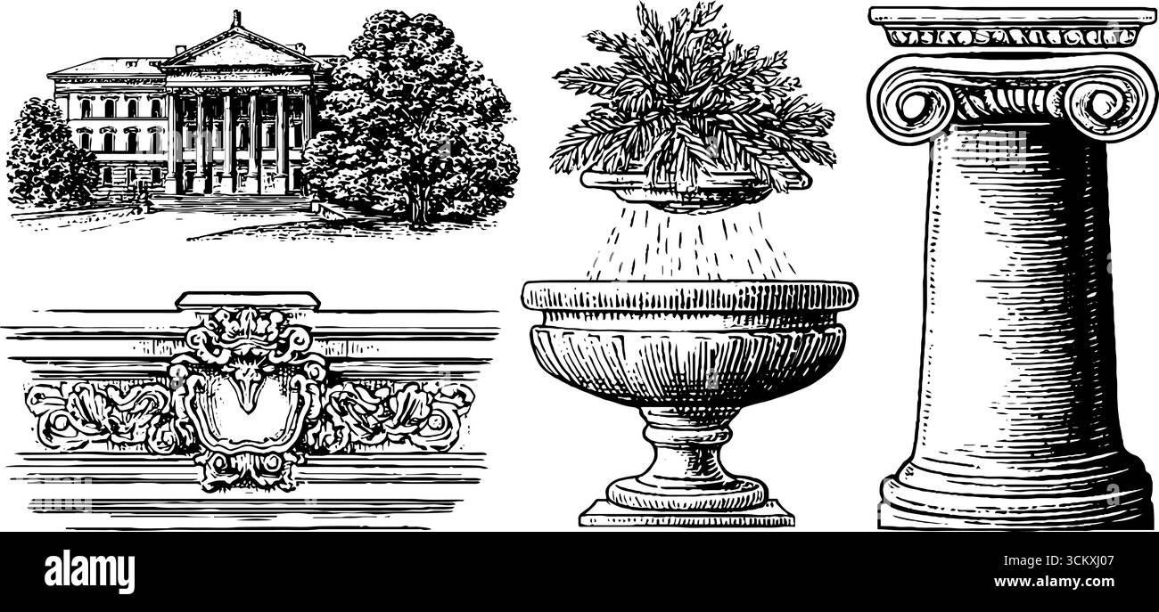 Elegante design architettonico con elevazione laterale del palazzo e dettagli ornati delle scale. Illustrazione Vettoriale