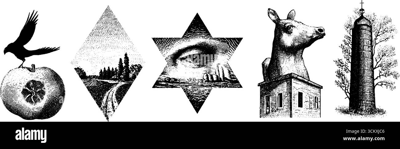 Set di arte costruttivista: Figure geometriche con illustrazioni di natura e architettura. Illustrazione Vettoriale