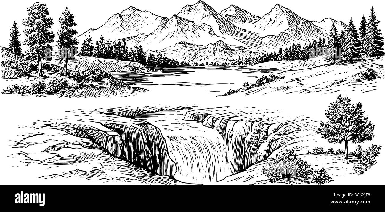 Paesaggio panoramico con ingresso burrone e bacino del lago sopraelevato per un design naturale. Illustrazione Vettoriale