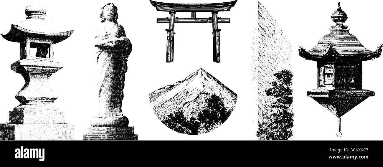 Elementi tradizionali giapponesi: Porta torii, lanterne e monte fuji per il design culturale. Illustrazione Vettoriale